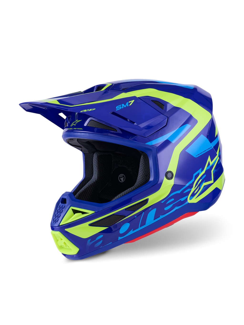 Capacete Alpinestars S-M7 Deed, capacete de motocross, azul e amarelo fluorescente brilhante, design aerodinâmico com múltiplas entradas de ar, com marca Alpinestars e logótipo SM7 em destaque, proteção profissional para corridas off-road