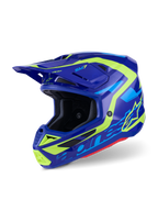Capacete Alpinestars S-M7 Deed, capacete de motocross, azul e amarelo fluorescente brilhante, design aerodinâmico com múltiplas entradas de ar, com marca Alpinestars e logótipo SM7 em destaque, proteção profissional para corridas off-road