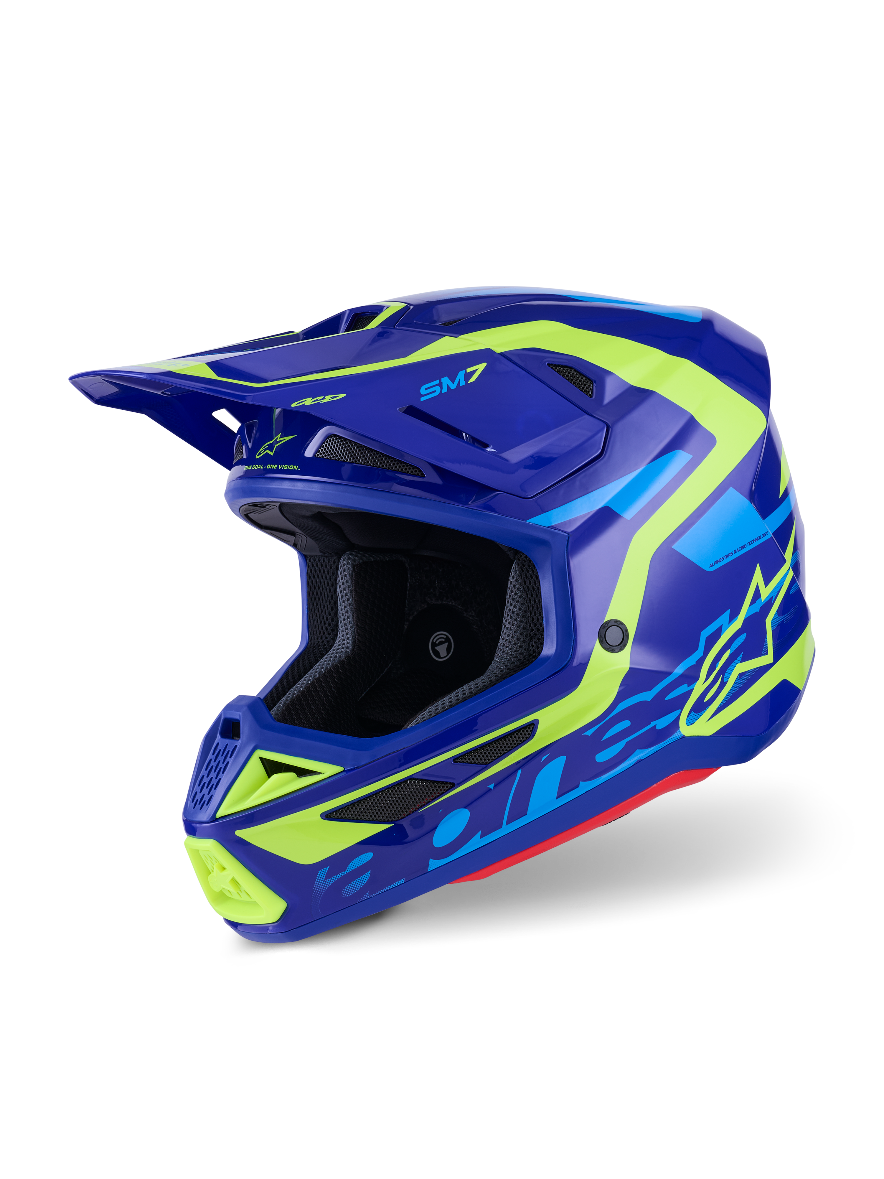 Capacete Alpinestars S-M7 Deed, capacete de motocross, azul e amarelo fluorescente brilhante, design aerodinâmico com múltiplas entradas de ar, com marca Alpinestars e logótipo SM7 em destaque, proteção profissional para corridas off-road