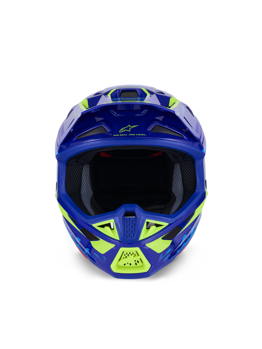 Capacete Alpinestars S-M7 Deed, capacete de motocross, azul e amarelo néon brilhante, vista frontal destacando a ampla abertura para os olhos e múltiplas entradas de ar cobertas por rede, calota aerodinâmica com realces em amarelo néon e marca Alpinestars, proteção de cabeça profissional para corridas off-road