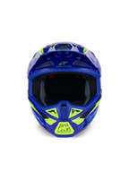 Capacete Alpinestars S-M7 Deed, capacete de motocross, azul e amarelo néon brilhante, vista frontal destacando a ampla abertura para os olhos e múltiplas entradas de ar cobertas por rede, calota aerodinâmica com realces em amarelo néon e marca Alpinestars, proteção de cabeça profissional para corridas off-road