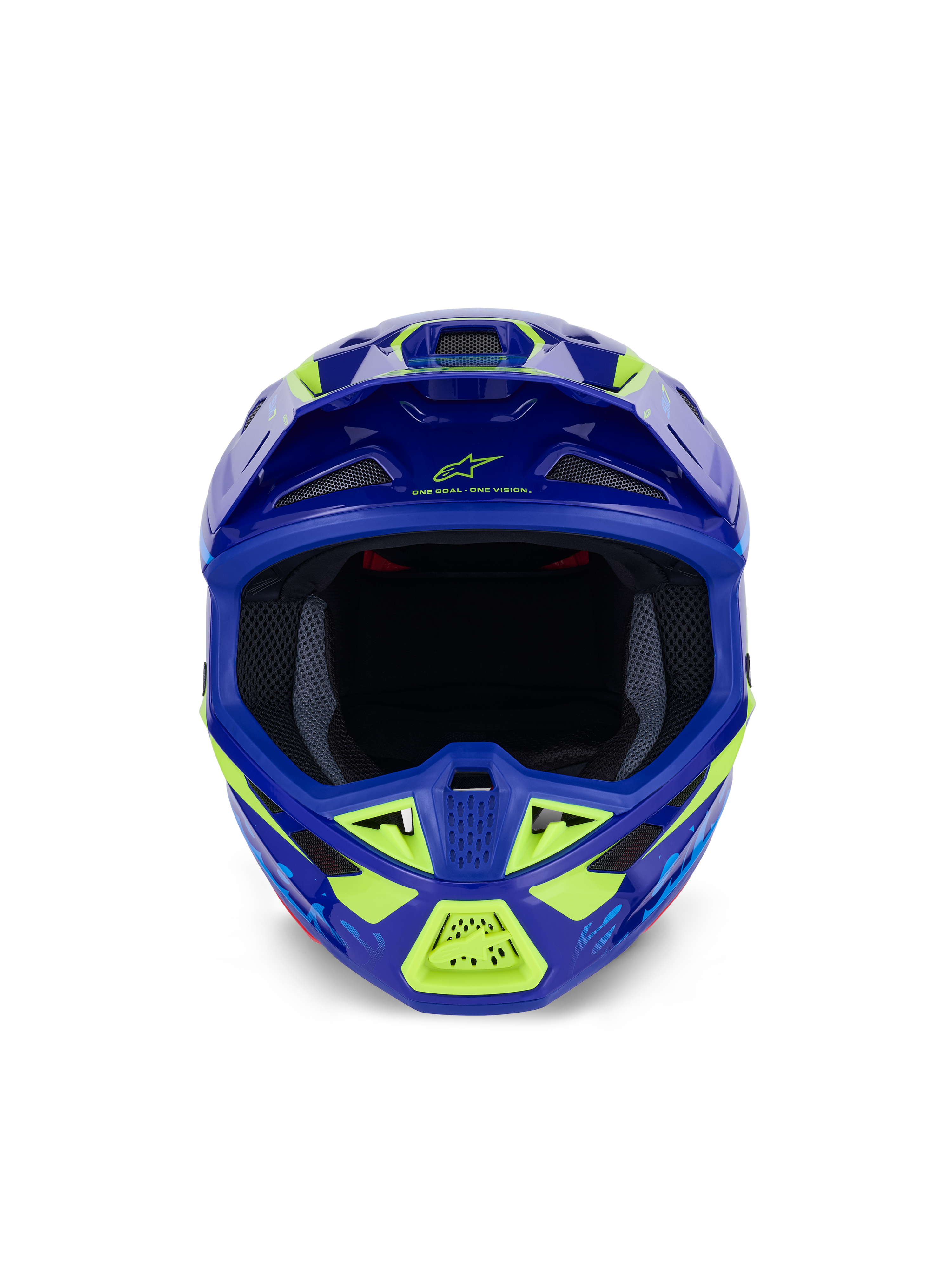 Capacete Alpinestars S-M7 Deed, capacete de motocross, azul e amarelo néon brilhante, vista frontal destacando a ampla abertura para os olhos e múltiplas entradas de ar cobertas por rede, calota aerodinâmica com realces em amarelo néon e marca Alpinestars, proteção de cabeça profissional para corridas off-road