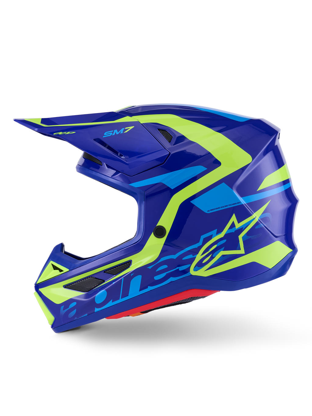 Capacete Alpinestars S-M7 Deed, capacete de motocross, azul e amarelo néon brilhante, vista lateral, calota composta aerodinâmica com grafismos vibrantes em amarelo e azul claro, com aberturas de ventilação protegidas por malha e viseira para desempenho off-road