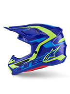 Capacete Alpinestars S-M7 Deed, capacete de motocross, azul e amarelo néon brilhante, vista lateral, calota composta aerodinâmica com grafismos vibrantes em amarelo e azul claro, com aberturas de ventilação protegidas por malha e viseira para desempenho off-road