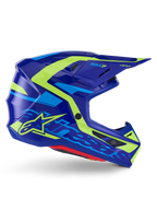 Capacete Alpinestars S-M7 Deed ECE 22.06, capacete de motocross, azul e amarelo néon brilhante, vista de perfil lateral com calota aerodinâmica e logótipo Alpinestars em destaque, detalhes gráficos em amarelo vibrante e azul claro, múltiplas aberturas de ventilação e design de viseira integrada para corridas off-road de elite