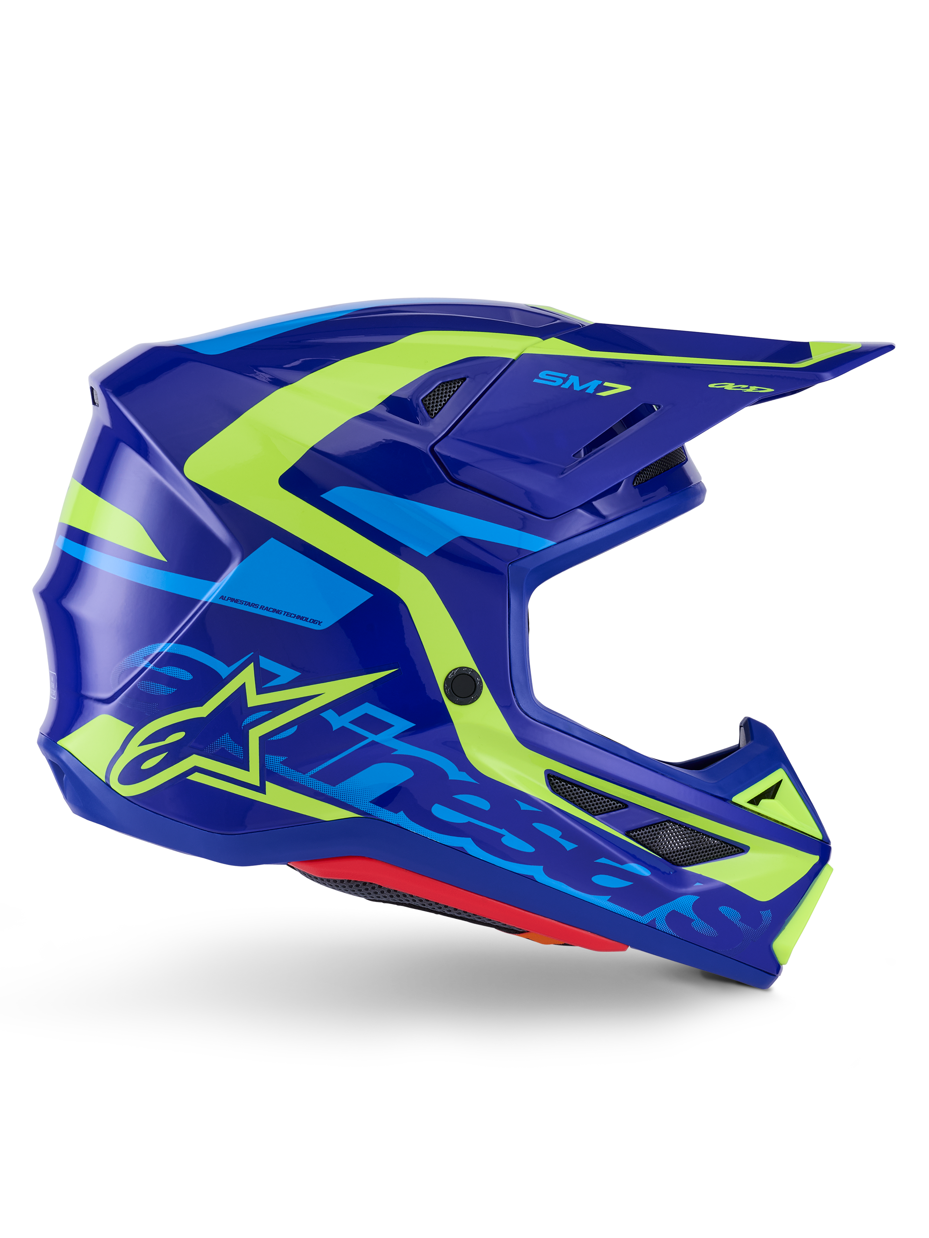 Capacete Alpinestars S-M7 Deed ECE 22.06, capacete de motocross, azul e amarelo néon brilhante, vista de perfil lateral com calota aerodinâmica e logótipo Alpinestars em destaque, detalhes gráficos em amarelo vibrante e azul claro, múltiplas aberturas de ventilação e design de viseira integrada para corridas off-road de elite