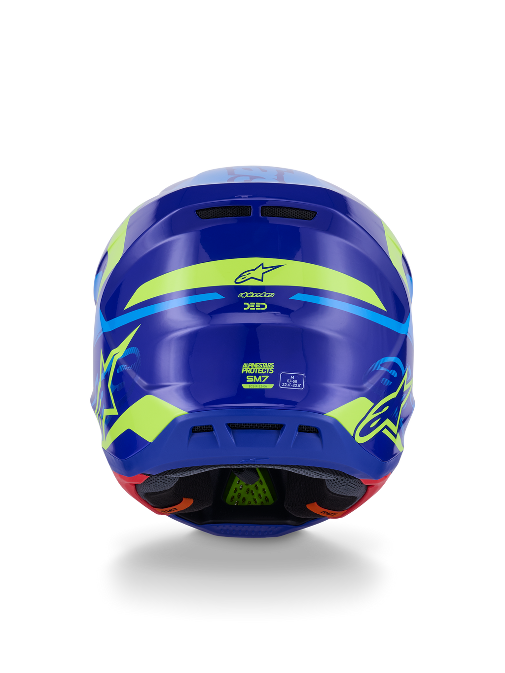 Alpinestars S-M7 Deed Helmet ECE 22.06, capacete de motocross, vista traseira, azul e amarelo néon brilhante, com grafismos amarelos fluorescentes arrojados e logótipos de estrela, saídas de ar traseiras e forro interno visível com tecnologia PLASMA verde.