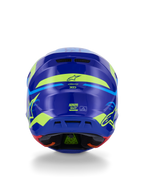 Alpinestars S-M7 Deed Helmet ECE 22.06, capacete de motocross, vista traseira, azul e amarelo néon brilhante, com grafismos amarelos fluorescentes arrojados e logótipos de estrela, saídas de ar traseiras e forro interno visível com tecnologia PLASMA verde.