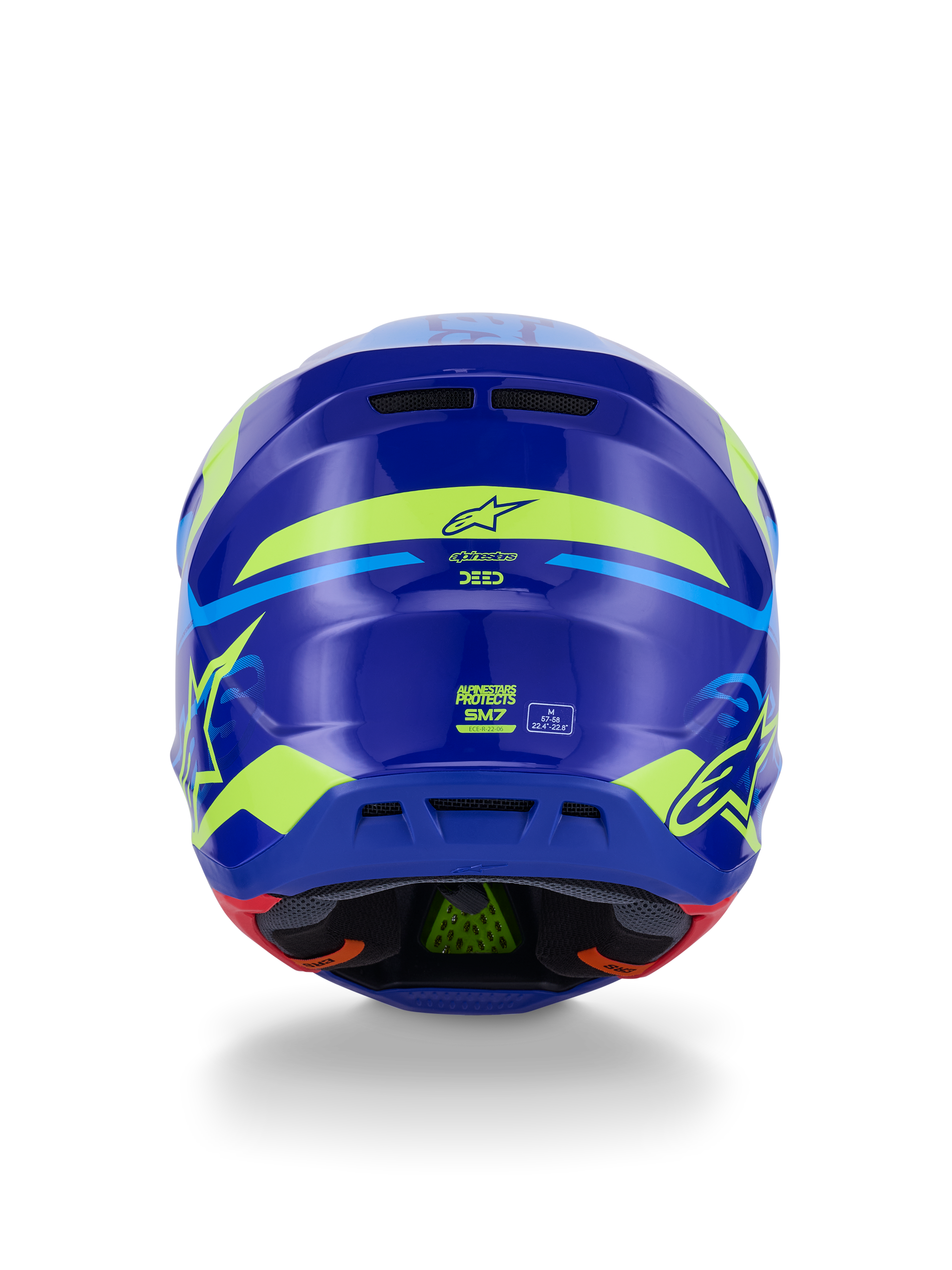 Alpinestars S-M7 Deed Helmet ECE 22.06, capacete de motocross, vista traseira, azul e amarelo néon brilhante, com grafismos amarelos fluorescentes arrojados e logótipos de estrela, saídas de ar traseiras e forro interno visível com tecnologia PLASMA verde.