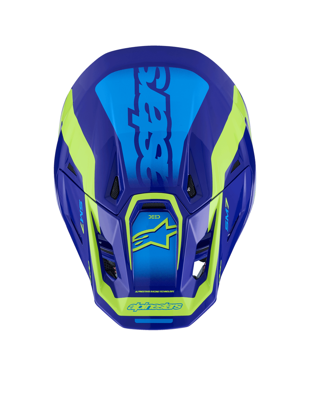 Capacete Alpinestars S-M7 Deed, capacete de motocross, azul e amarelo fluo brilhante, vista de cima mostrando a calota aerodinâmica, as entradas de ventilação e os logótipos distintivos em amarelo fluo sobre um acabamento em azul escuro