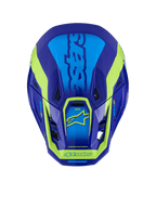 Capacete Alpinestars S-M7 Deed, capacete de motocross, azul e amarelo fluo brilhante, vista de cima mostrando a calota aerodinâmica, as entradas de ventilação e os logótipos distintivos em amarelo fluo sobre um acabamento em azul escuro