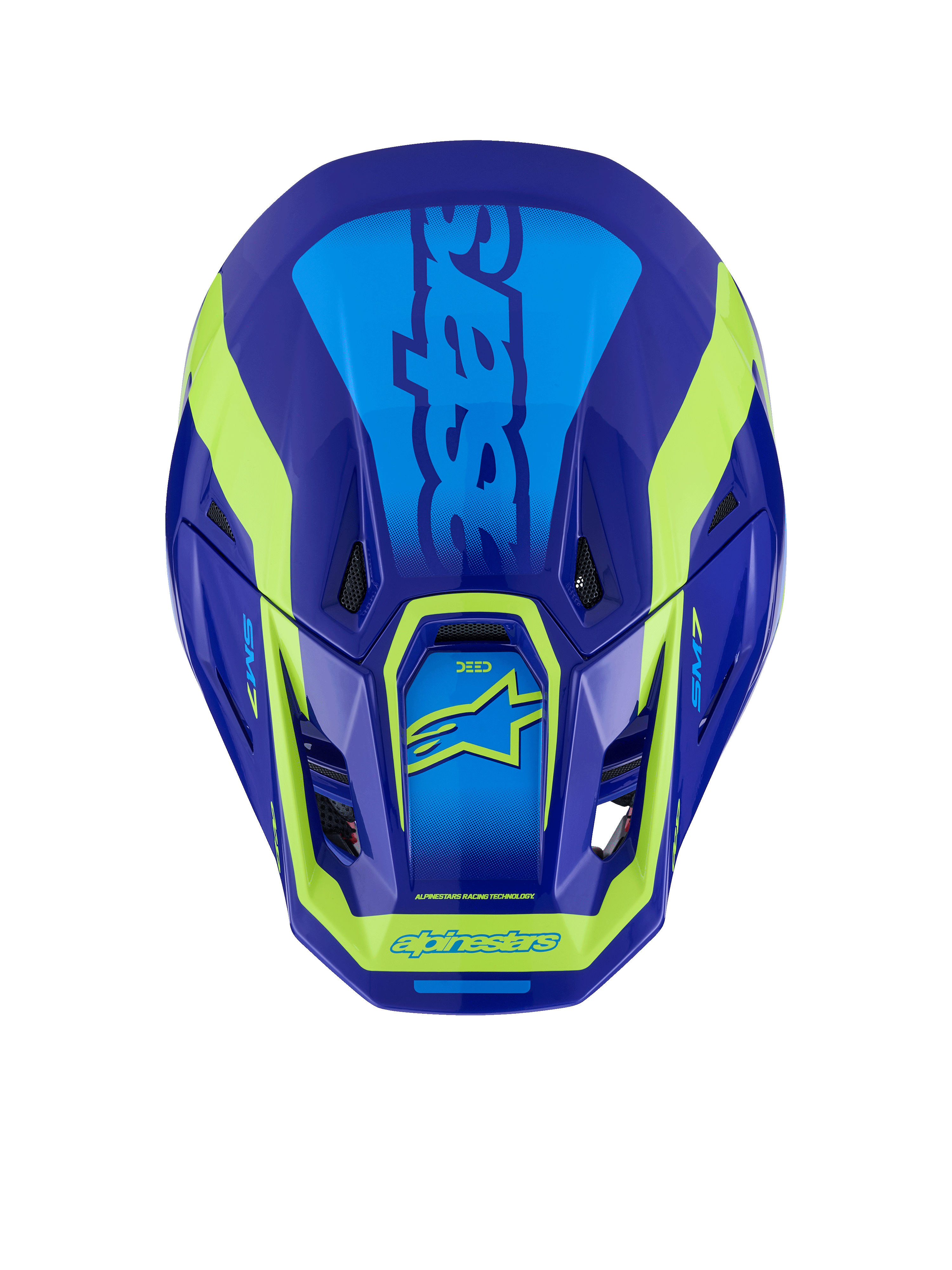 Capacete Alpinestars S-M7 Deed, capacete de motocross, azul e amarelo fluo brilhante, vista de cima mostrando a calota aerodinâmica, as entradas de ventilação e os logótipos distintivos em amarelo fluo sobre um acabamento em azul escuro