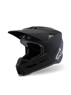 Alpinestars S-M3 Youth Solid Helmet ECE 22.06, Motocross Helmet, Matte Black, side profile view featuring a white Alpinestars logo, aerodynamic shell with ventilation ports and integrated visor, professional off-road head protection for youth riders