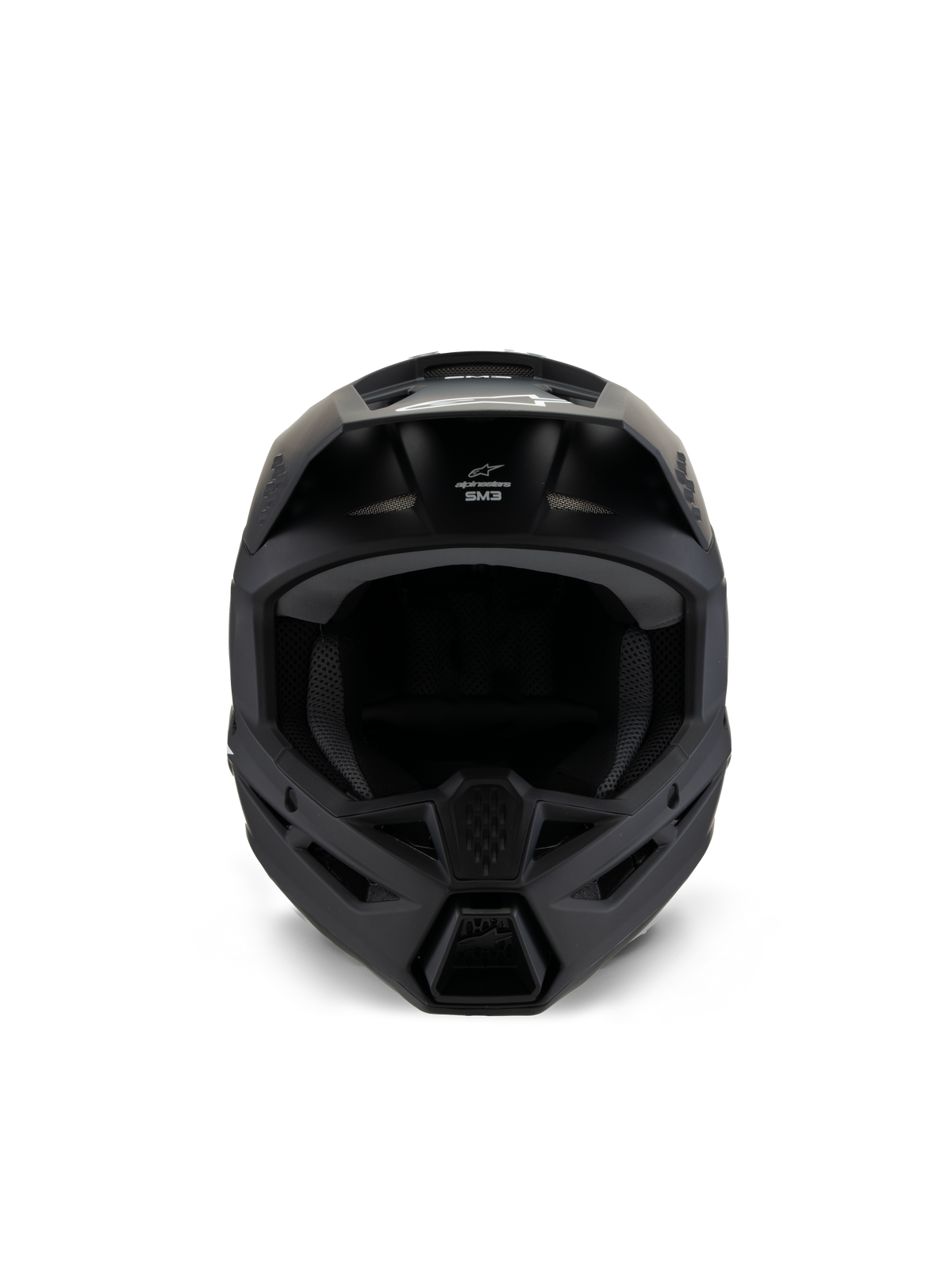 Capacete Alpinestars S-M3 Jovem Solid, capacete de motocross, preto mate, vista frontal, com acabamento mate, aberturas de ventilação na queixeira e na testa, logótipo SM3 branco, design aerodinâmico elegante para corridas todo-o-terreno