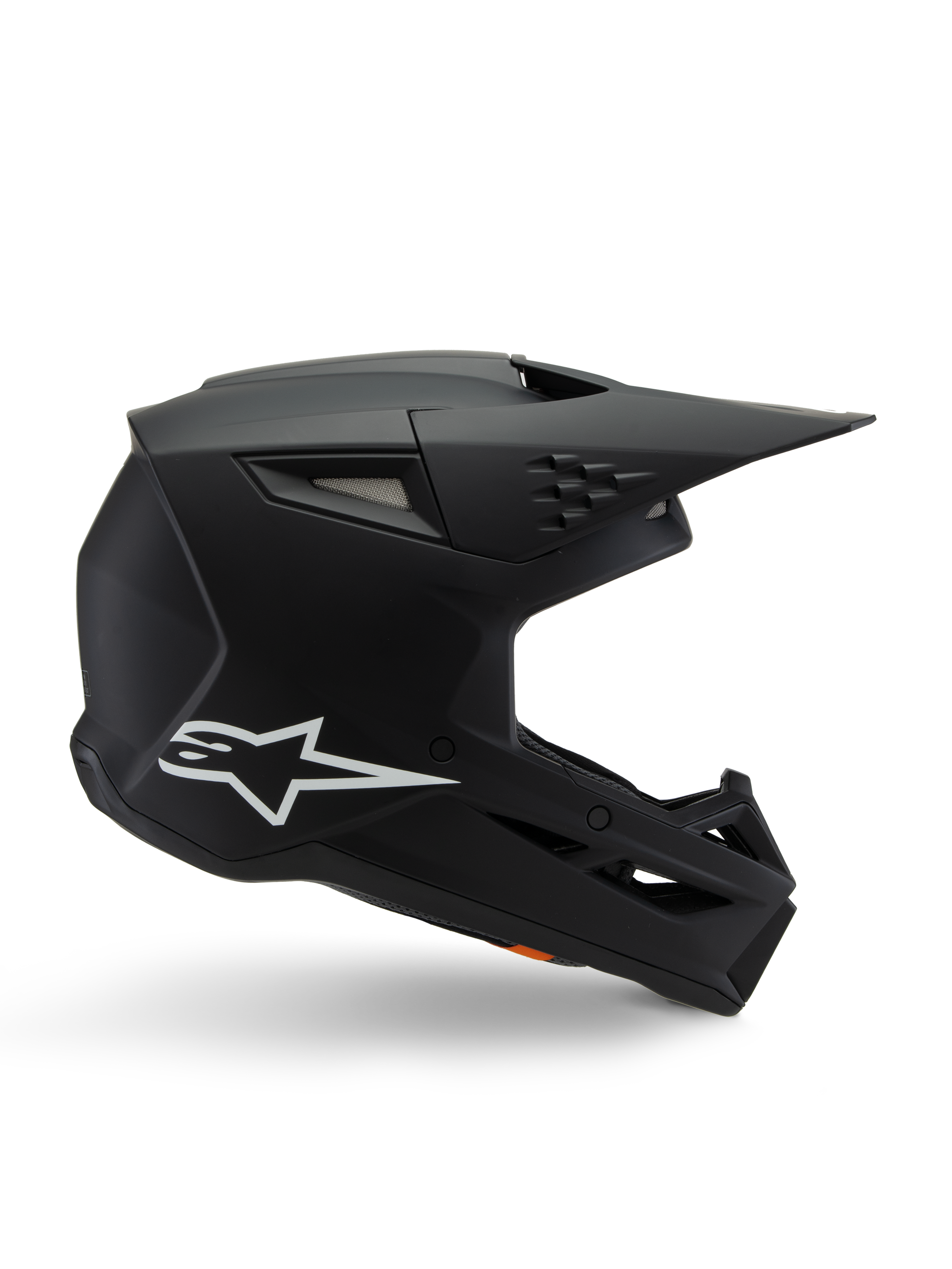 Capacete Alpinestars S-M3 Youth Solid, capacete de motocross, preto mate com logótipo de estrela branca, vista de perfil lateral com design angular, viseira longa e aberturas de ventilação integradas, certificado ECE 22.06