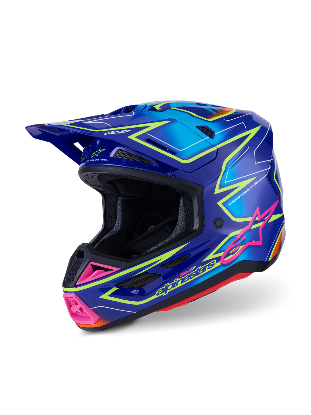 Capacete Alpinestars S-M7 Cast ECE 22.06, capacete de motocross, azul, rosa e amarelo néon brilhante, vista lateral a três quartos, concha aerodinâmica com múltiplas aberturas de ventilação, design gráfico vibrante com detalhes em rosa e contornos em amarelo néon