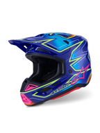 Capacete Alpinestars S-M7 Cast ECE 22.06, capacete de motocross, azul, rosa e amarelo néon brilhante, vista lateral a três quartos, concha aerodinâmica com múltiplas aberturas de ventilação, design gráfico vibrante com detalhes em rosa e contornos em amarelo néon