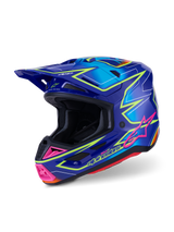 Capacete Alpinestars S-M7 Cast ECE 22.06, capacete de motocross, azul, rosa e amarelo néon brilhante, vista lateral a três quartos, concha aerodinâmica com múltiplas aberturas de ventilação, design gráfico vibrante com detalhes em rosa e contornos em amarelo néon