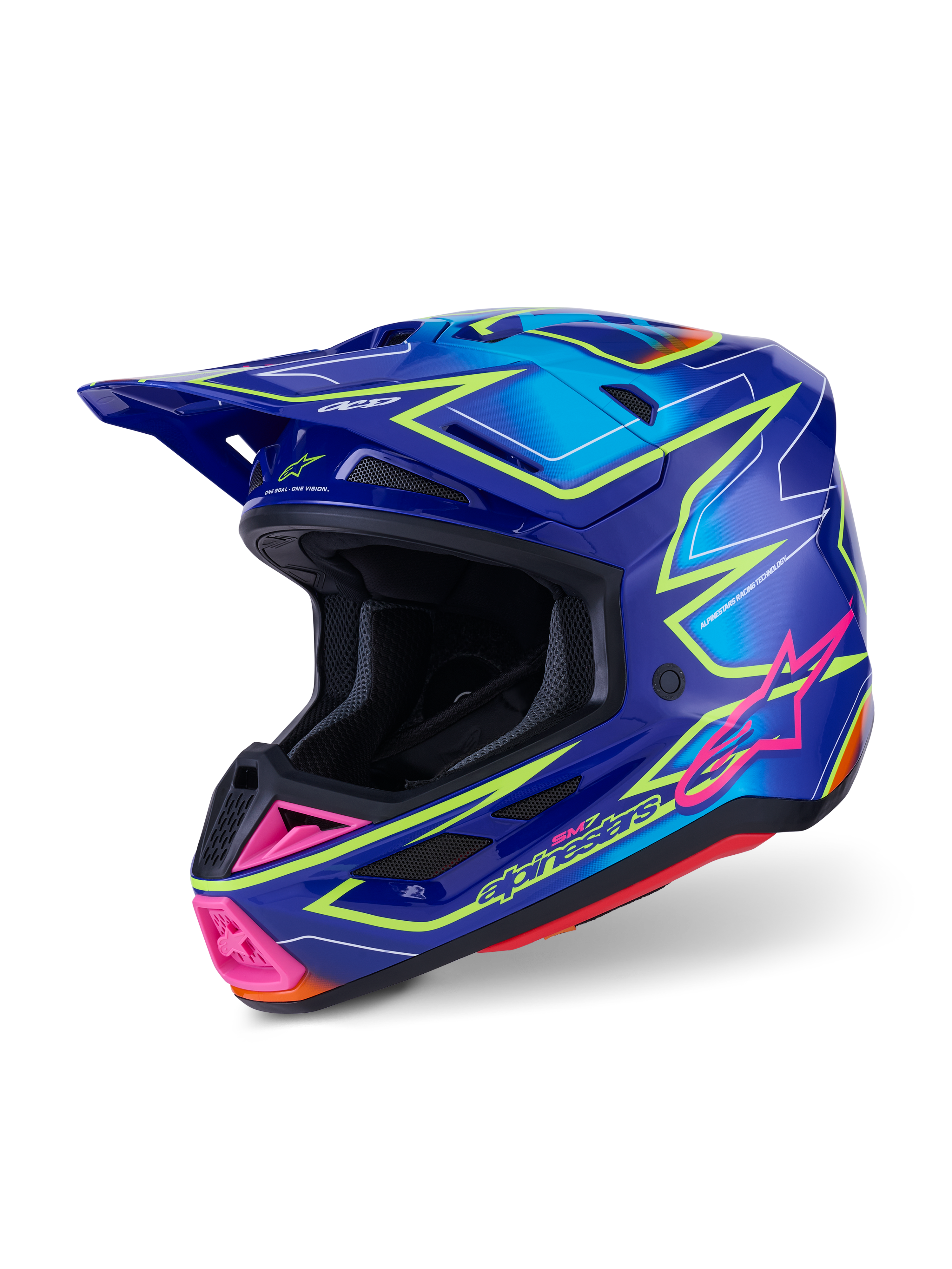 Capacete Alpinestars S-M7 Cast ECE 22.06, capacete de motocross, azul, rosa e amarelo néon brilhante, vista lateral a três quartos, concha aerodinâmica com múltiplas aberturas de ventilação, design gráfico vibrante com detalhes em rosa e contornos em amarelo néon