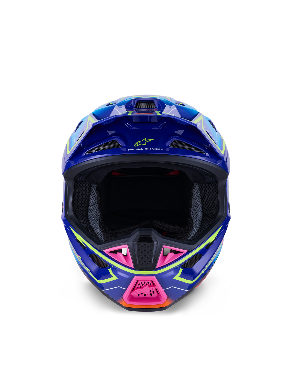 Alpinestars S-M7 Cast Helmet ECE 22.06, capacete de motocross, azul, cor-de-rosa e amarelo néon brilhante, vista frontal mostrando a calota aerodinâmica agressiva, proteção de queixo ventilada com detalhes cor-de-rosa e abertura ocular ampla para competição off-road