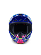 Alpinestars S-M7 Cast Helmet ECE 22.06, capacete de motocross, azul, cor-de-rosa e amarelo néon brilhante, vista frontal mostrando a calota aerodinâmica agressiva, proteção de queixo ventilada com detalhes cor-de-rosa e abertura ocular ampla para competição off-road
