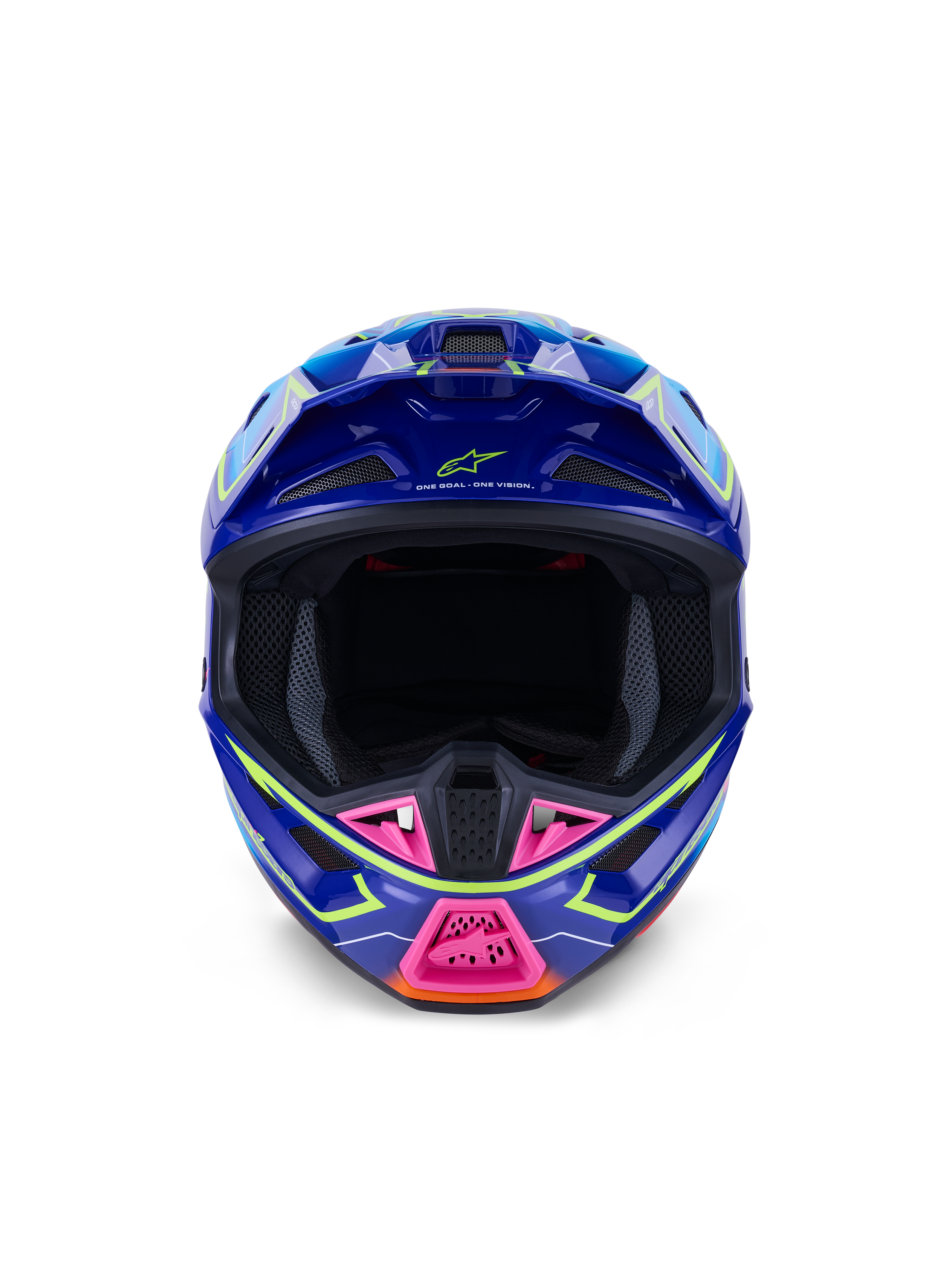 Alpinestars S-M7 Cast Helmet ECE 22.06, capacete de motocross, azul, cor-de-rosa e amarelo néon brilhante, vista frontal mostrando a calota aerodinâmica agressiva, proteção de queixo ventilada com detalhes cor-de-rosa e abertura ocular ampla para competição off-road