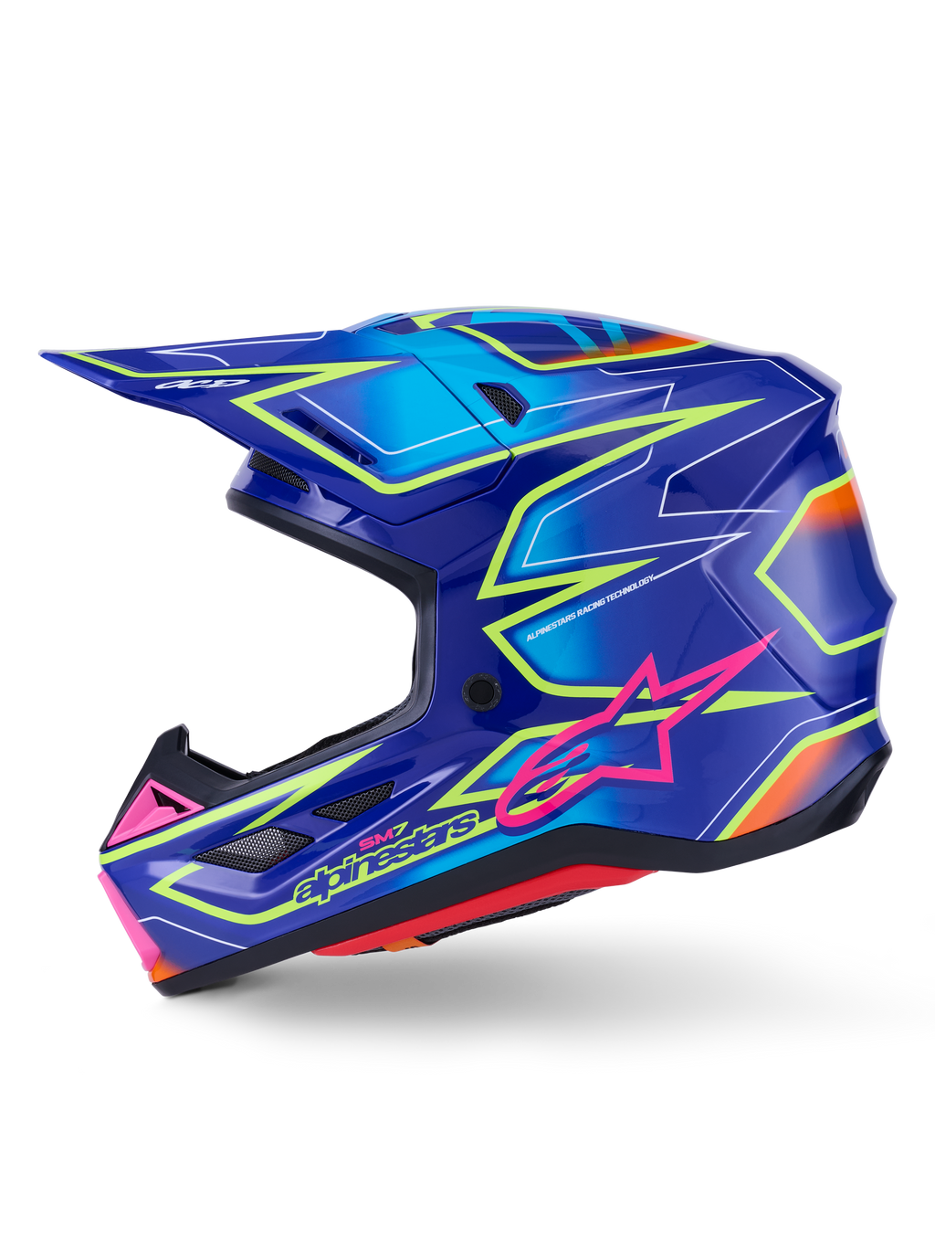 Capacete Alpinestars S-M7 Cast, capacete de motocross, azul com detalhes rosa e amarelo néon brilhantes, vista de perfil lateral exibindo a calota composta aerodinâmica, aberturas de ventilação integradas, logótipo de estrela cor-de-rosa e marca amarela, concebido para proteção em corridas off-road.