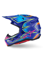 Capacete Alpinestars S-M7 Cast, capacete de motocross, azul com detalhes rosa e amarelo néon brilhantes, vista de perfil lateral exibindo a calota composta aerodinâmica, aberturas de ventilação integradas, logótipo de estrela cor-de-rosa e marca amarela, concebido para proteção em corridas off-road.