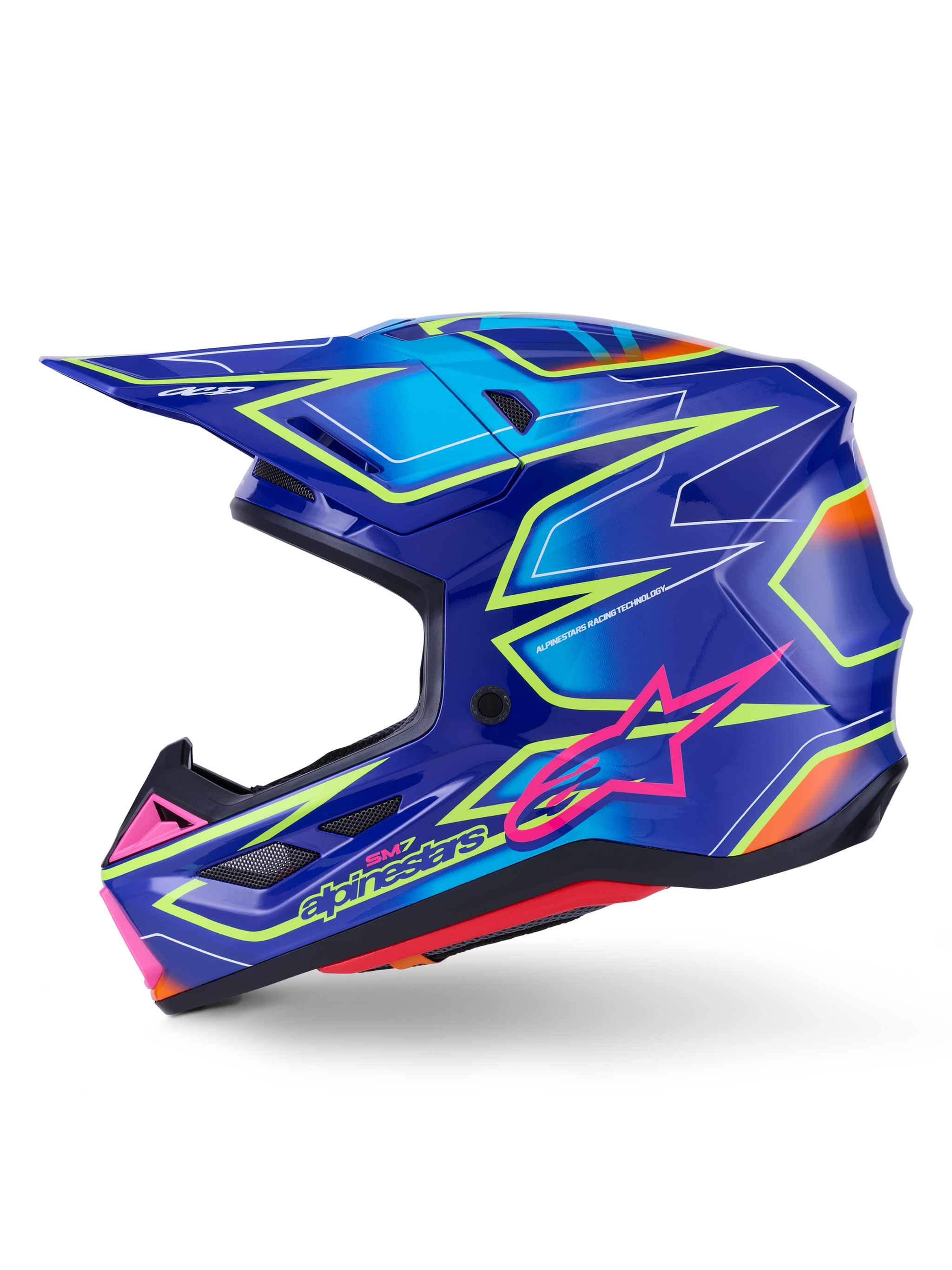 Capacete Alpinestars S-M7 Cast, capacete de motocross, azul com detalhes rosa e amarelo néon brilhantes, vista de perfil lateral exibindo a calota composta aerodinâmica, aberturas de ventilação integradas, logótipo de estrela cor-de-rosa e marca amarela, concebido para proteção em corridas off-road.