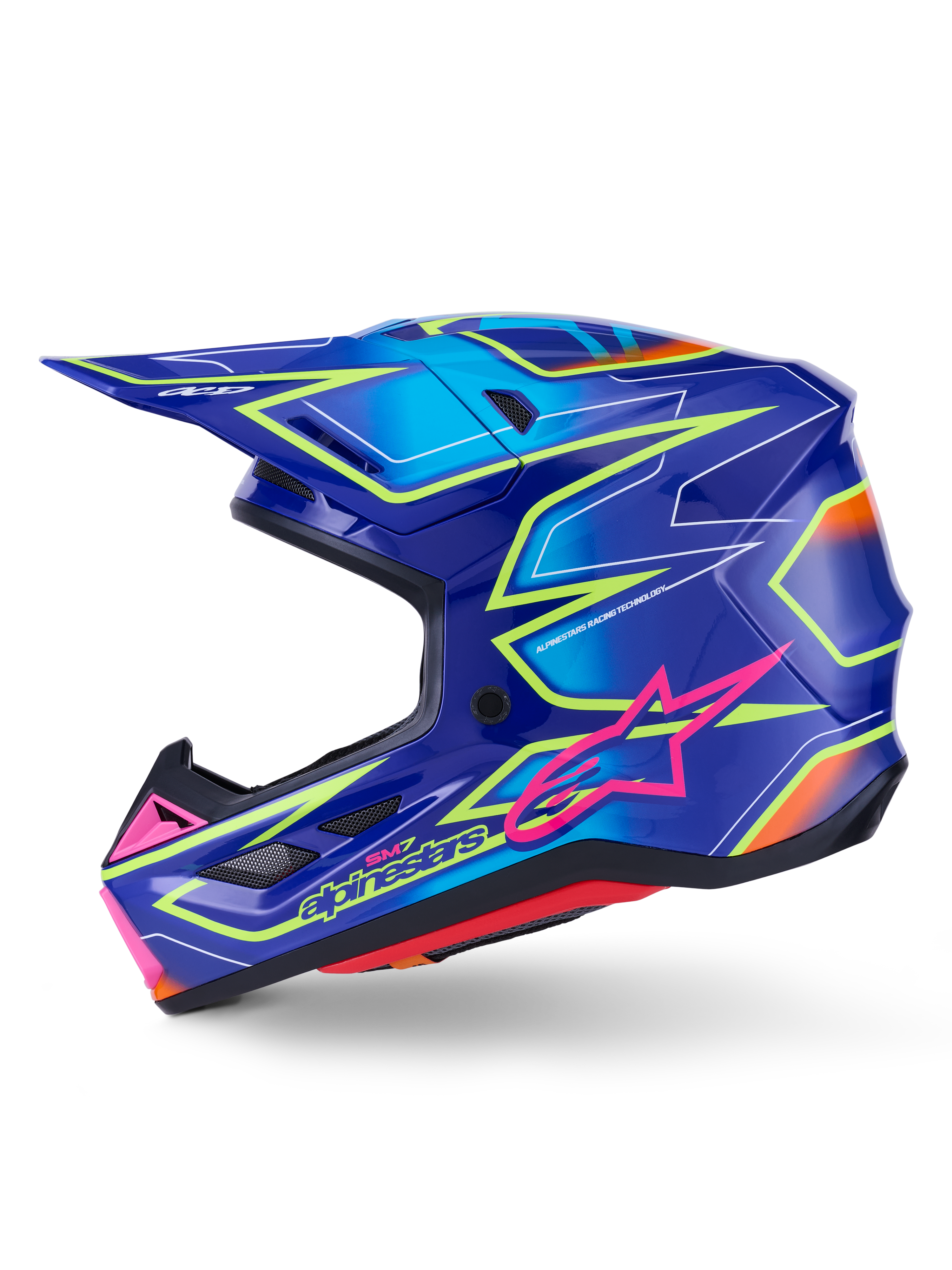 Capacete Alpinestars S-M7 Cast, capacete de motocross, azul com detalhes rosa e amarelo néon brilhantes, vista de perfil lateral exibindo a calota composta aerodinâmica, aberturas de ventilação integradas, logótipo de estrela cor-de-rosa e marca amarela, concebido para proteção em corridas off-road.