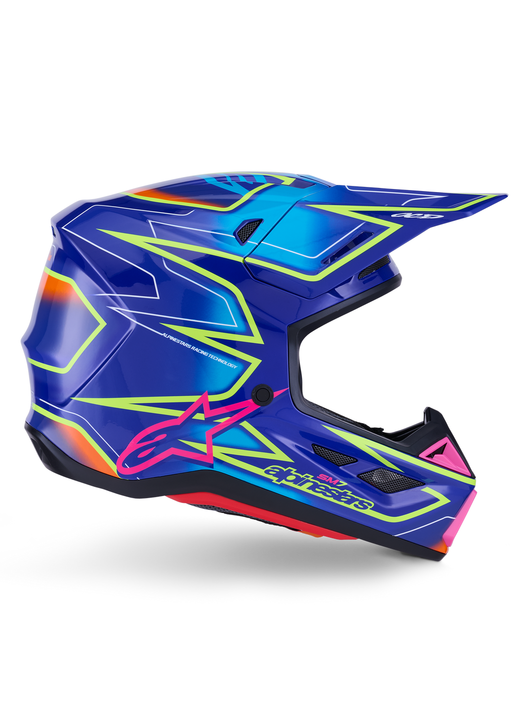 Capacete Alpinestars S-M7 Cast, capacete de motocross, azul, rosa e amarelo néon brilhante, vista lateral de perfil com padrões geométricos arrojados, logótipo Alpinestars cor-de-rosa e calota aerodinâmica ventilada