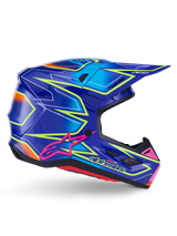 Capacete Alpinestars S-M7 Cast, capacete de motocross, azul, rosa e amarelo néon brilhante, vista lateral de perfil com padrões geométricos arrojados, logótipo Alpinestars cor-de-rosa e calota aerodinâmica ventilada