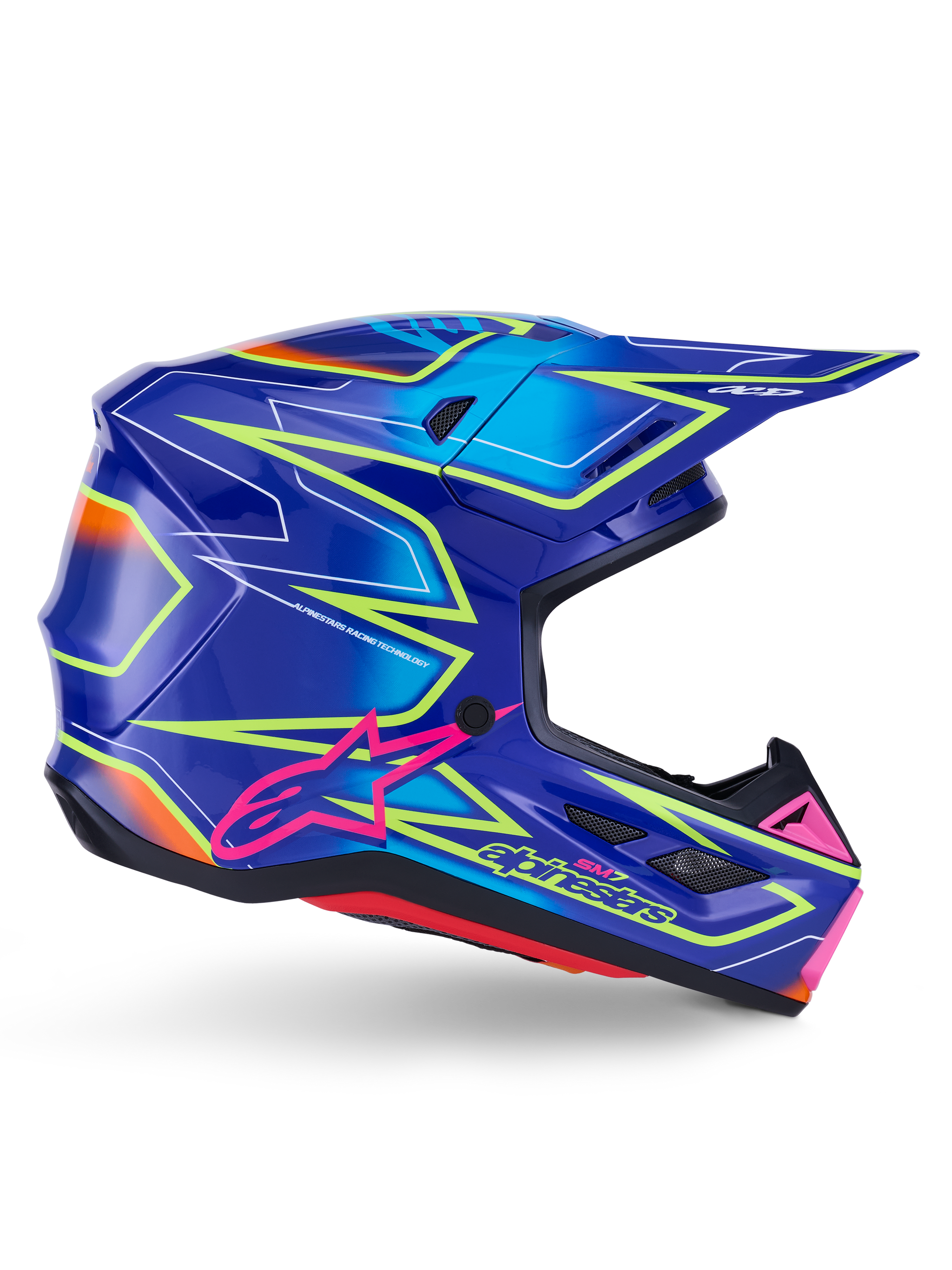 Capacete Alpinestars S-M7 Cast, capacete de motocross, azul, rosa e amarelo néon brilhante, vista lateral de perfil com padrões geométricos arrojados, logótipo Alpinestars cor-de-rosa e calota aerodinâmica ventilada