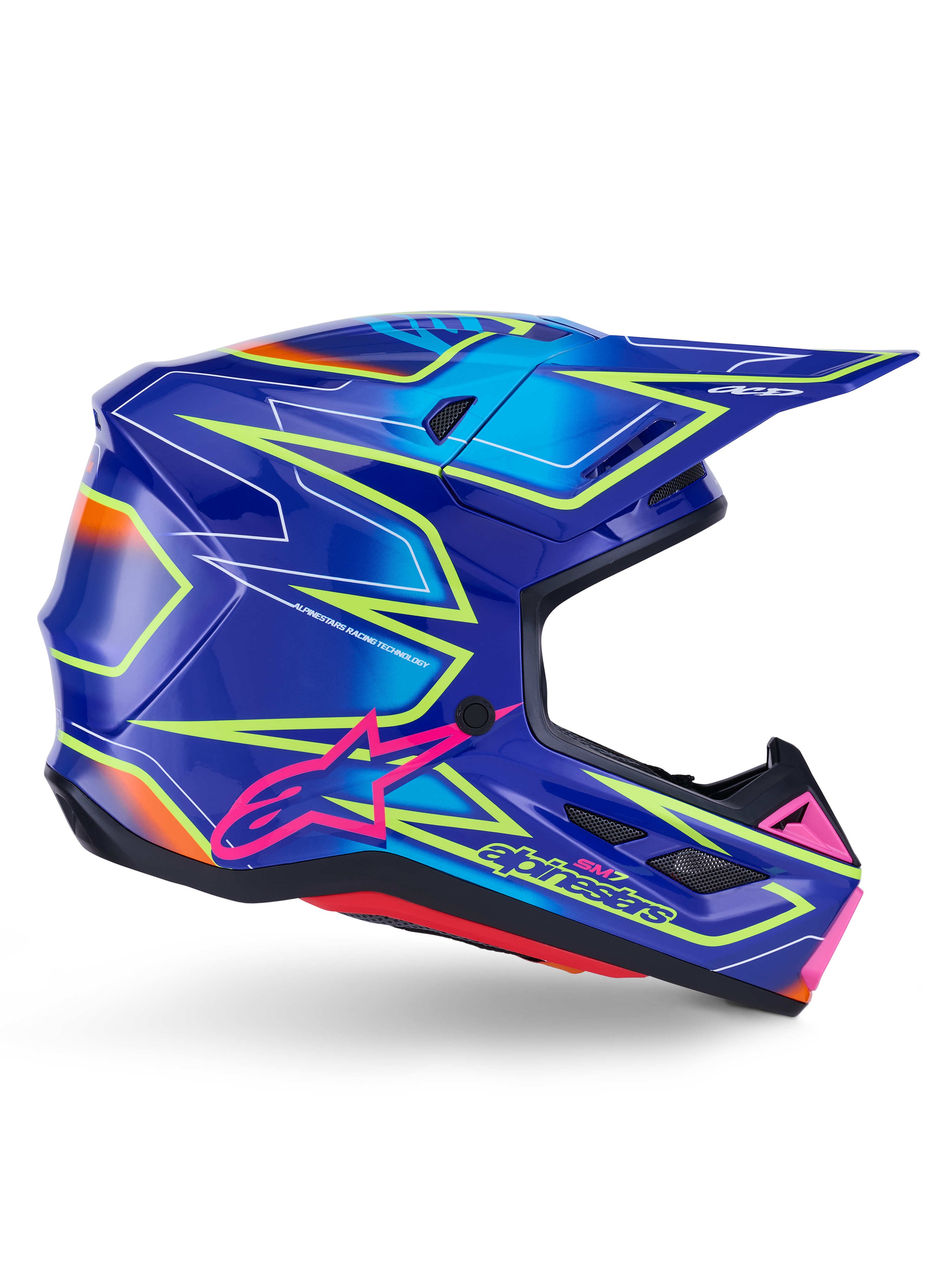 Capacete Alpinestars S-M7 Cast, capacete de motocross, azul, rosa e amarelo néon brilhante, vista lateral de perfil com padrões geométricos arrojados, logótipo Alpinestars cor-de-rosa e calota aerodinâmica ventilada