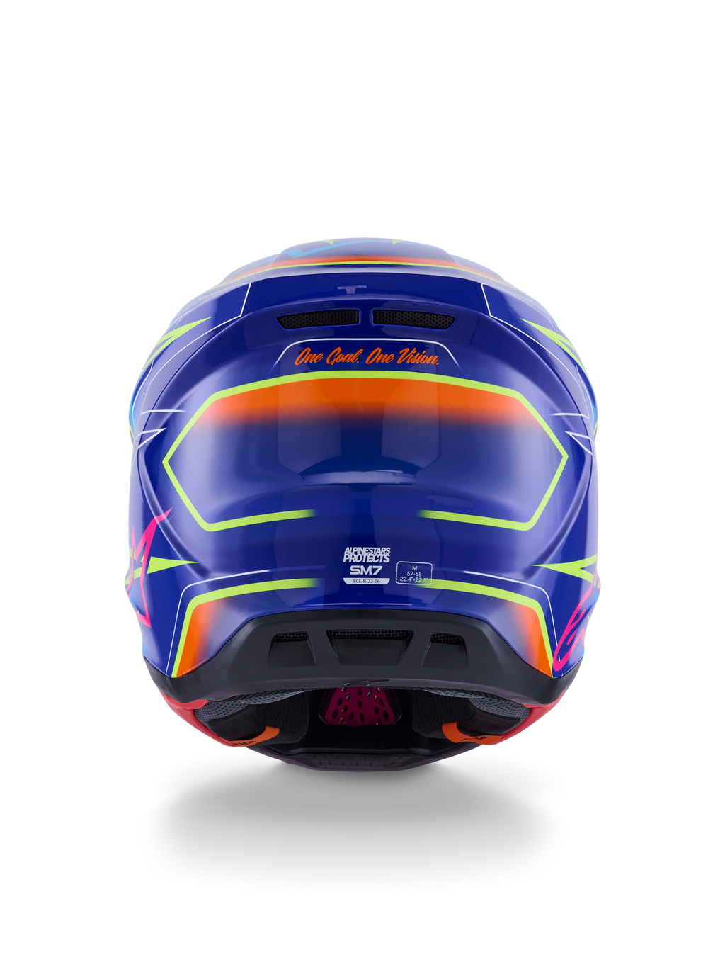 Alpinestars S-M7 Cast Helmet ECE 22.06, capacete de motocross, azul, cor-de-rosa e amarelo fluo brilhante, vista traseira mostrando o slogan 'One Goal. One Vision.', concha em compósito aerodinâmica com aberturas de ventilação integradas e detalhes néon vibrantes