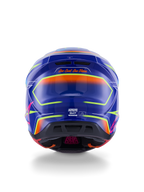 Alpinestars S-M7 Cast Helmet ECE 22.06, capacete de motocross, azul, cor-de-rosa e amarelo fluo brilhante, vista traseira mostrando o slogan 'One Goal. One Vision.', concha em compósito aerodinâmica com aberturas de ventilação integradas e detalhes néon vibrantes