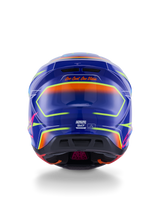 Alpinestars S-M7 Cast Helmet ECE 22.06, capacete de motocross, azul, cor-de-rosa e amarelo fluo brilhante, vista traseira mostrando o slogan 'One Goal. One Vision.', concha em compósito aerodinâmica com aberturas de ventilação integradas e detalhes néon vibrantes