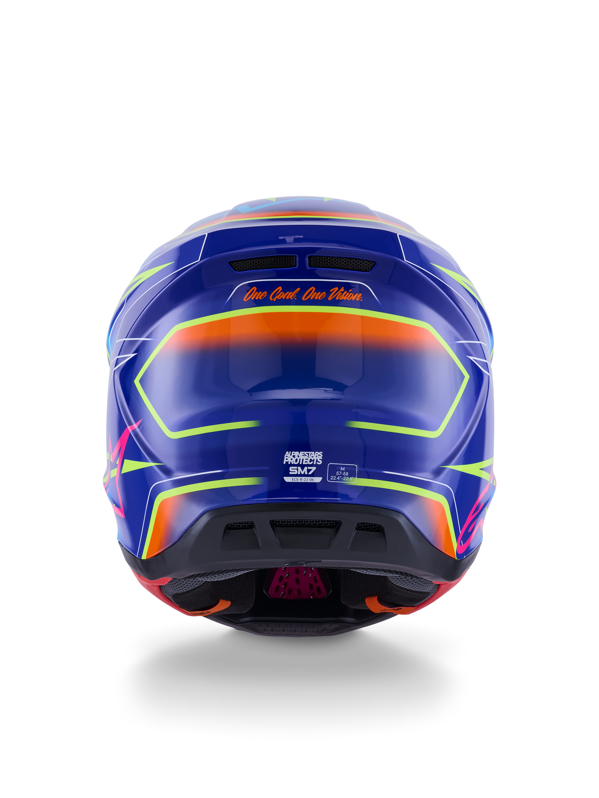 Alpinestars S-M7 Cast Helmet ECE 22.06, capacete de motocross, azul, cor-de-rosa e amarelo fluo brilhante, vista traseira mostrando o slogan 'One Goal. One Vision.', concha em compósito aerodinâmica com aberturas de ventilação integradas e detalhes néon vibrantes
