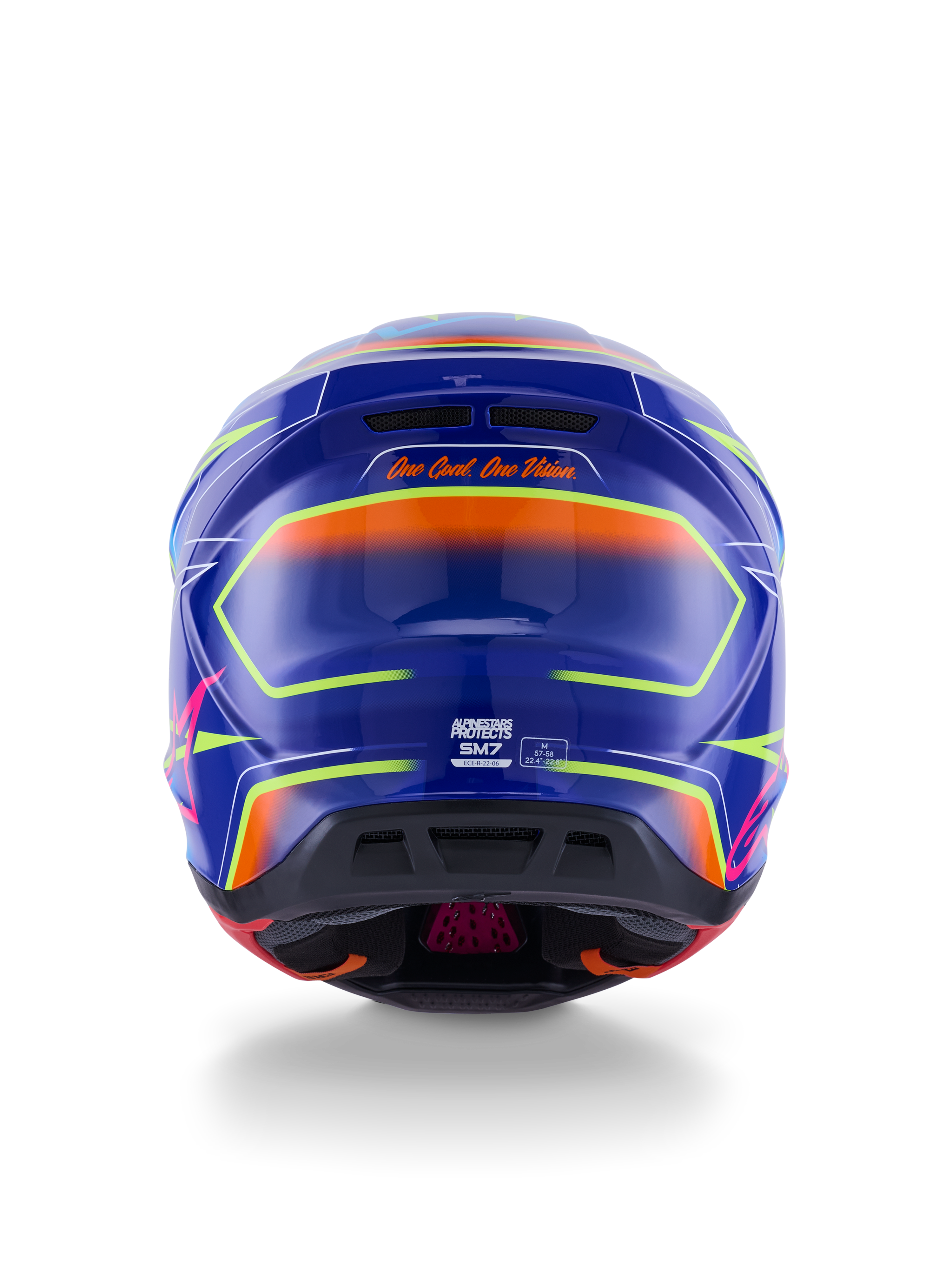 Alpinestars S-M7 Cast Helmet ECE 22.06, capacete de motocross, azul, cor-de-rosa e amarelo fluo brilhante, vista traseira mostrando o slogan 'One Goal. One Vision.', concha em compósito aerodinâmica com aberturas de ventilação integradas e detalhes néon vibrantes