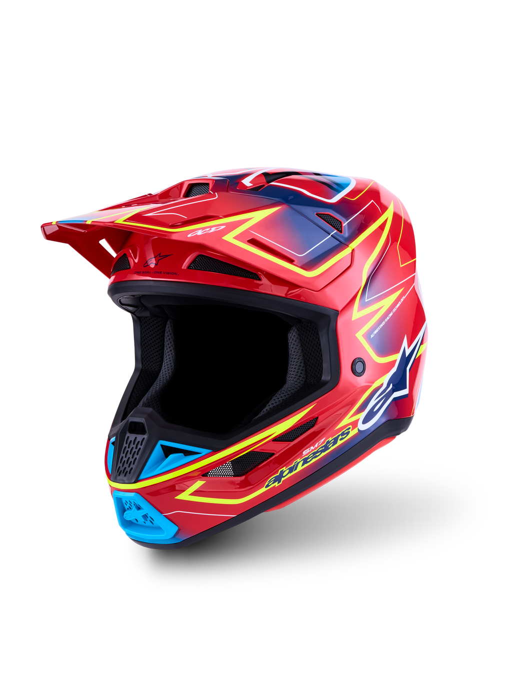 Alpinestars S-M7 Cast, capacete de motocross vermelho, amarelo fluo e azul, calota em compósito leve, certificado ECE 22.06.