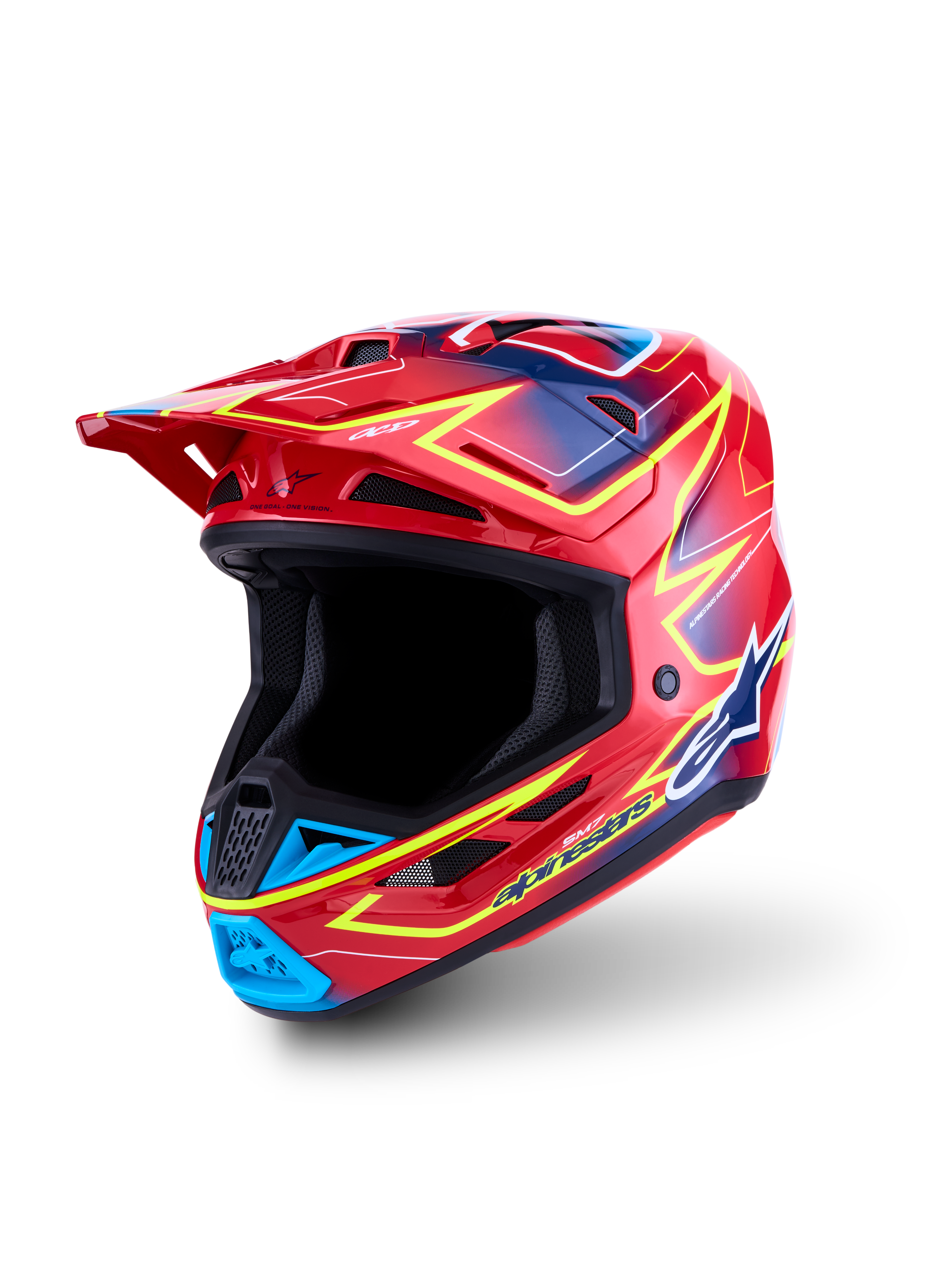 Alpinestars S-M7 Cast, capacete de motocross vermelho, amarelo fluo e azul, calota em compósito leve, certificado ECE 22.06.