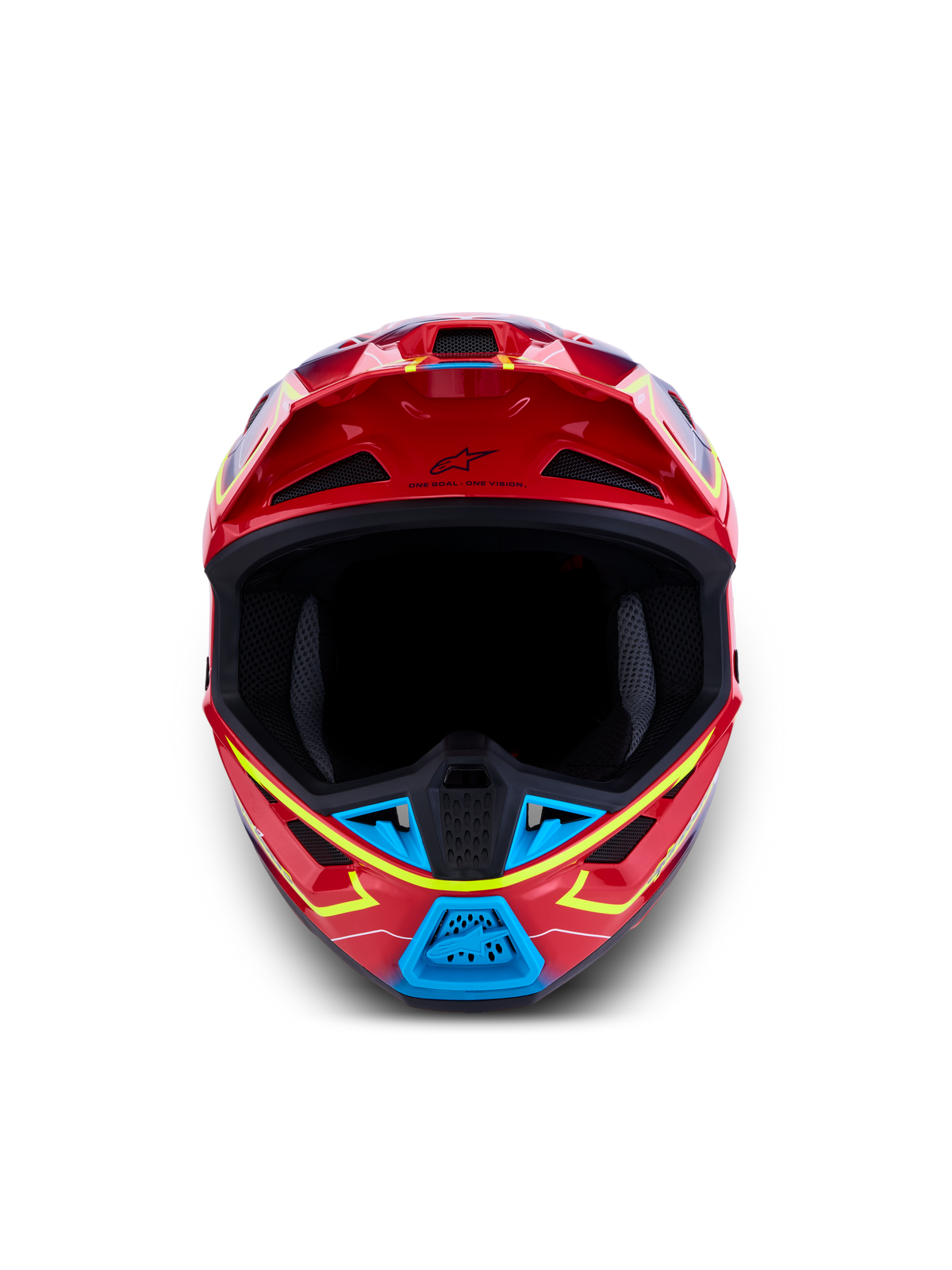 Alpinestars S-M7 Cast ECE06, capacete de motocross, vermelho brilhante, azul e amarelo fluorescente, certificado ECE 22.06, vista frontal.
