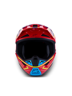 Alpinestars S-M7 Cast ECE06, capacete de motocross, vermelho brilhante, azul e amarelo fluorescente, certificado ECE 22.06, vista frontal.