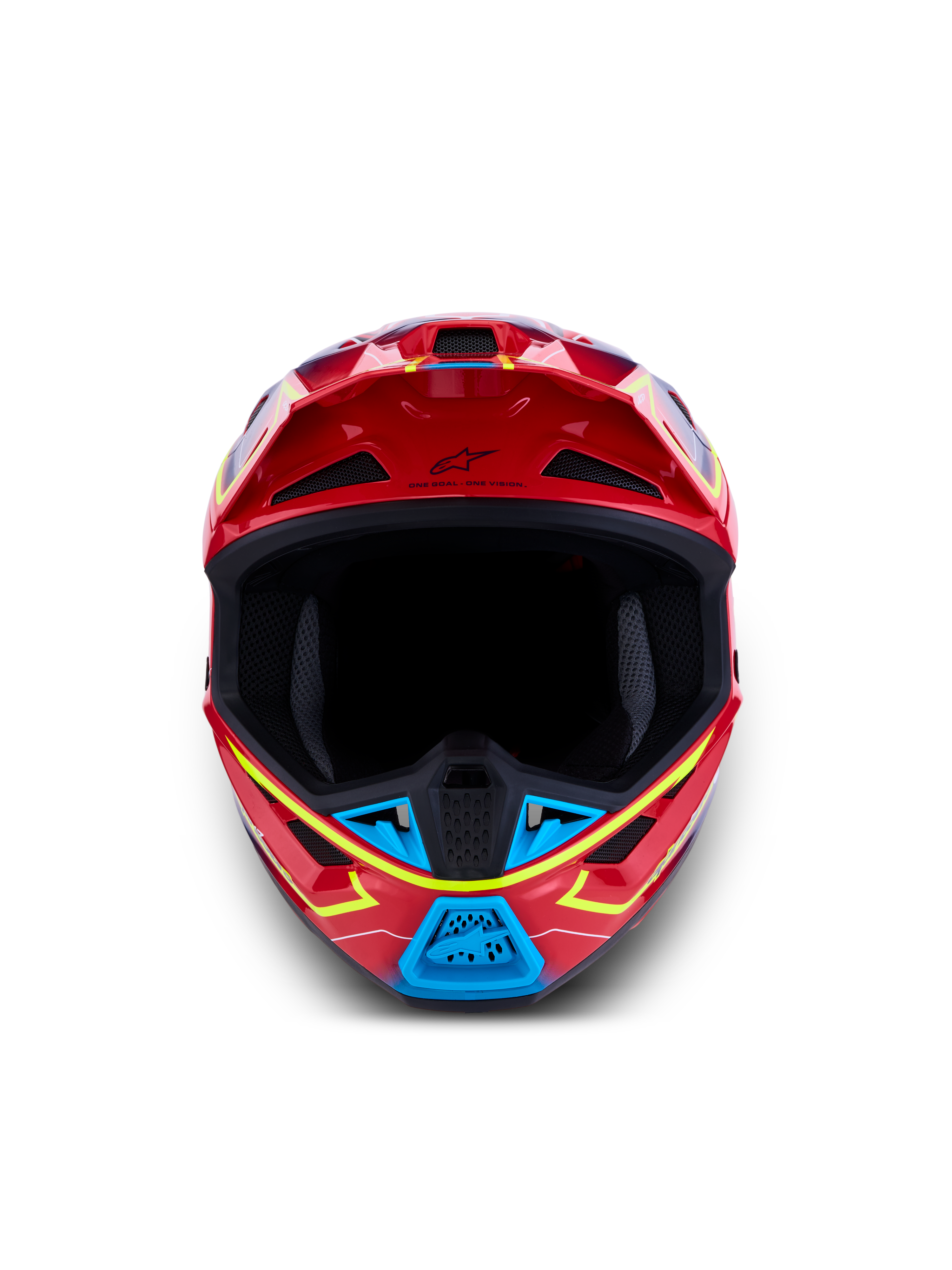 Alpinestars S-M7 Cast ECE06, capacete de motocross, vermelho brilhante, azul e amarelo fluorescente, certificado ECE 22.06, vista frontal.