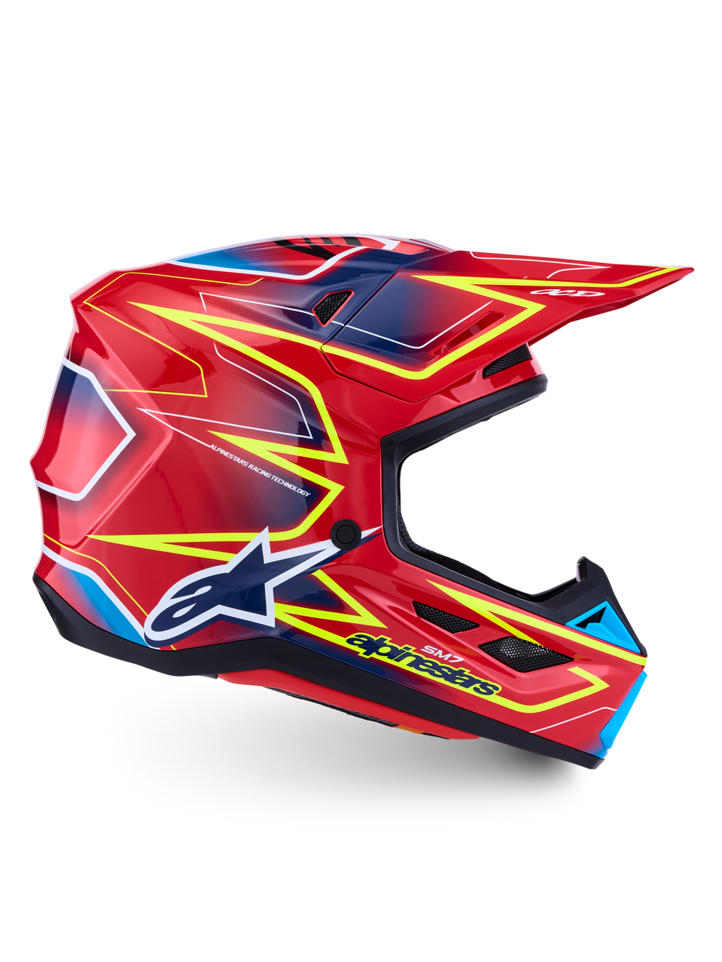 Alpinestars capacete S-M7 Cast de motocross, vermelho, amarelo fluo e azul, certificado ECE 22.06 com calota aerodinâmica.