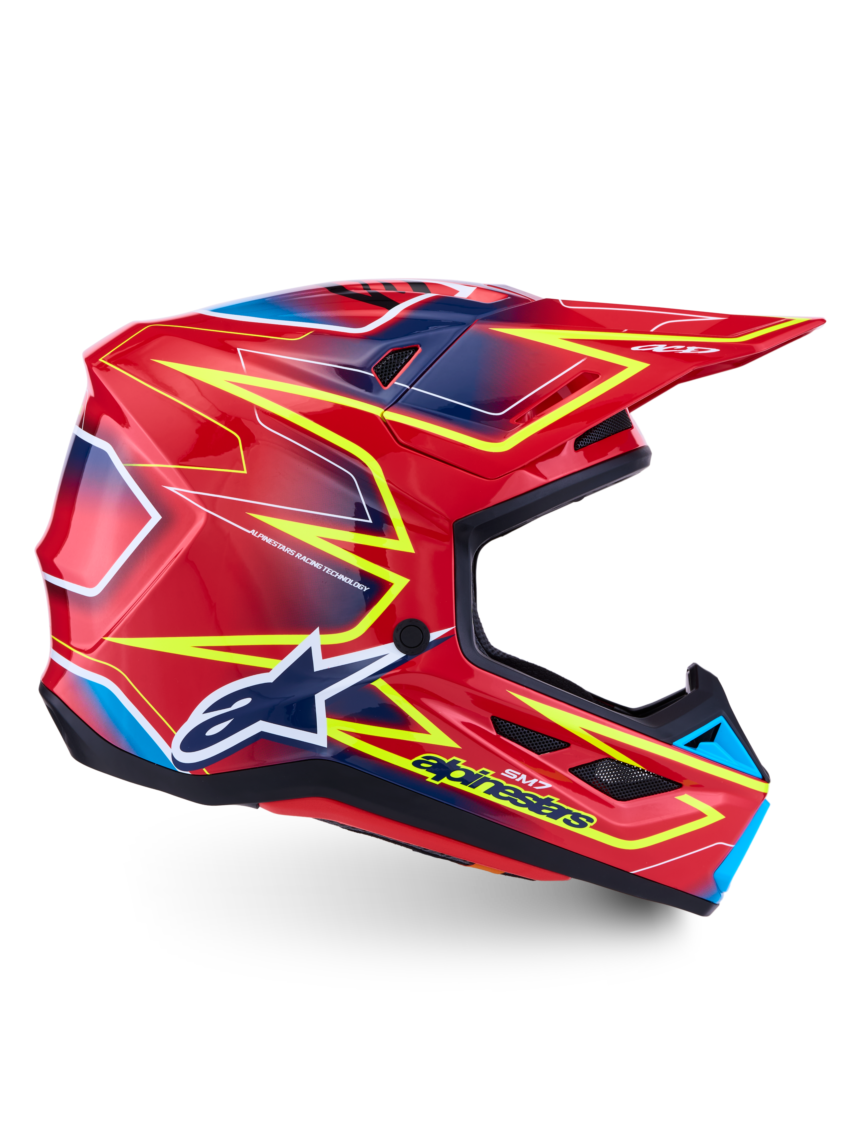 Alpinestars capacete S-M7 Cast de motocross, vermelho, amarelo fluo e azul, certificado ECE 22.06 com calota aerodinâmica.