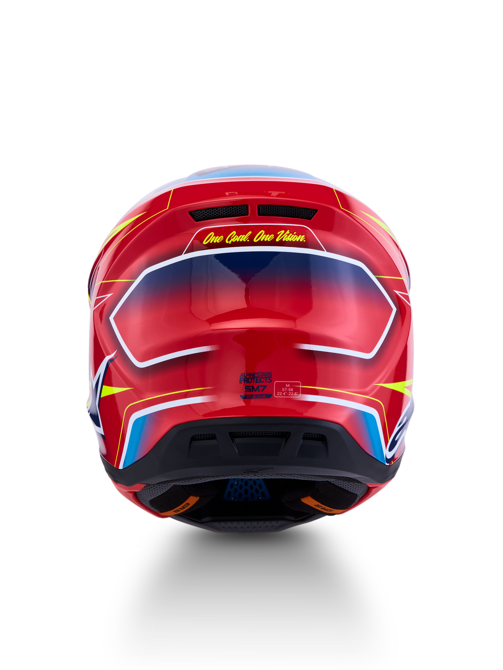 Capacete Alpinestars S-M7 Cast ECE06, vista traseira, vermelho e azul brilhante, perfil aerodinâmico para motocross.