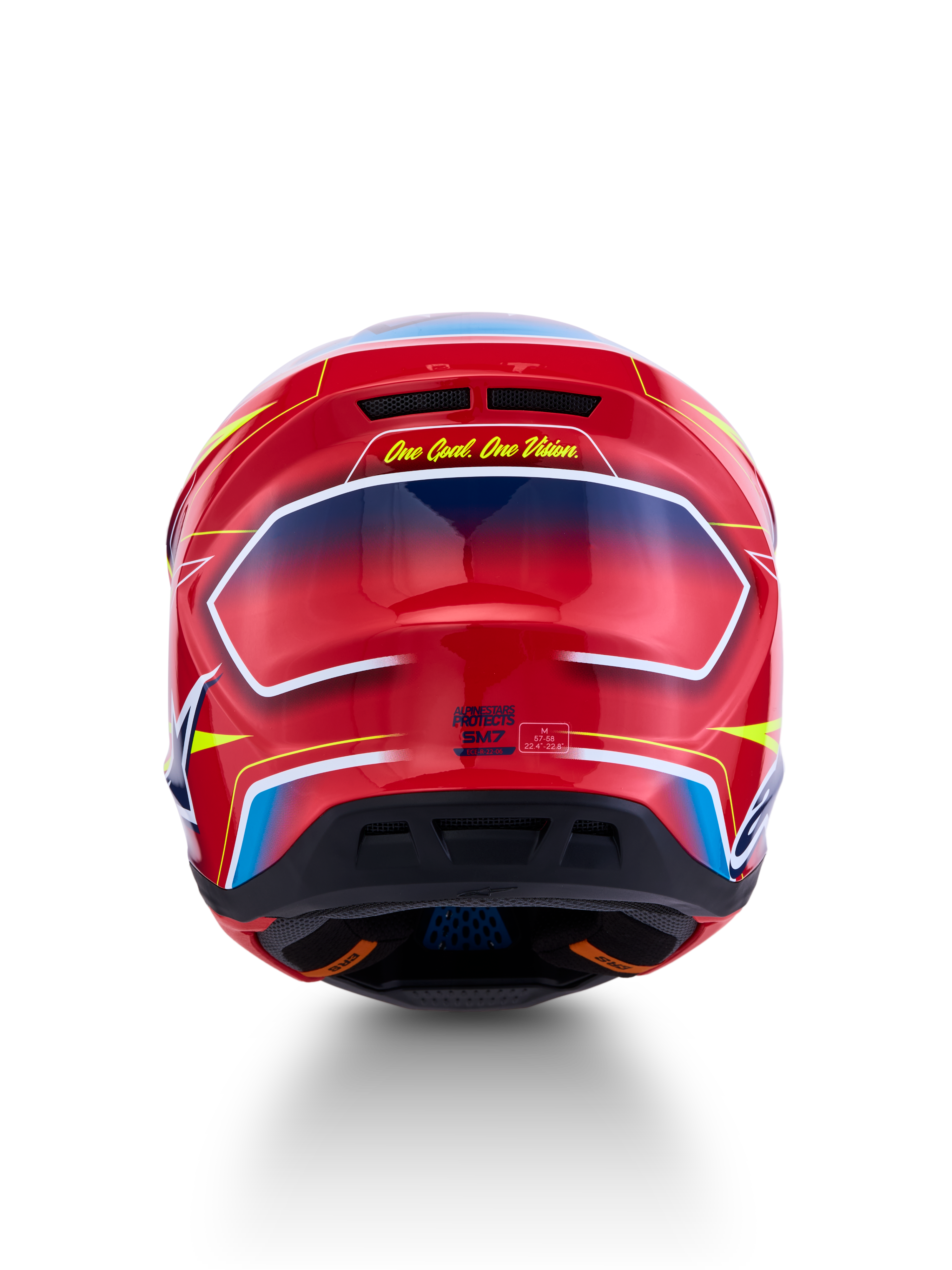 Capacete Alpinestars S-M7 Cast ECE06, vista traseira, vermelho e azul brilhante, perfil aerodinâmico para motocross.
