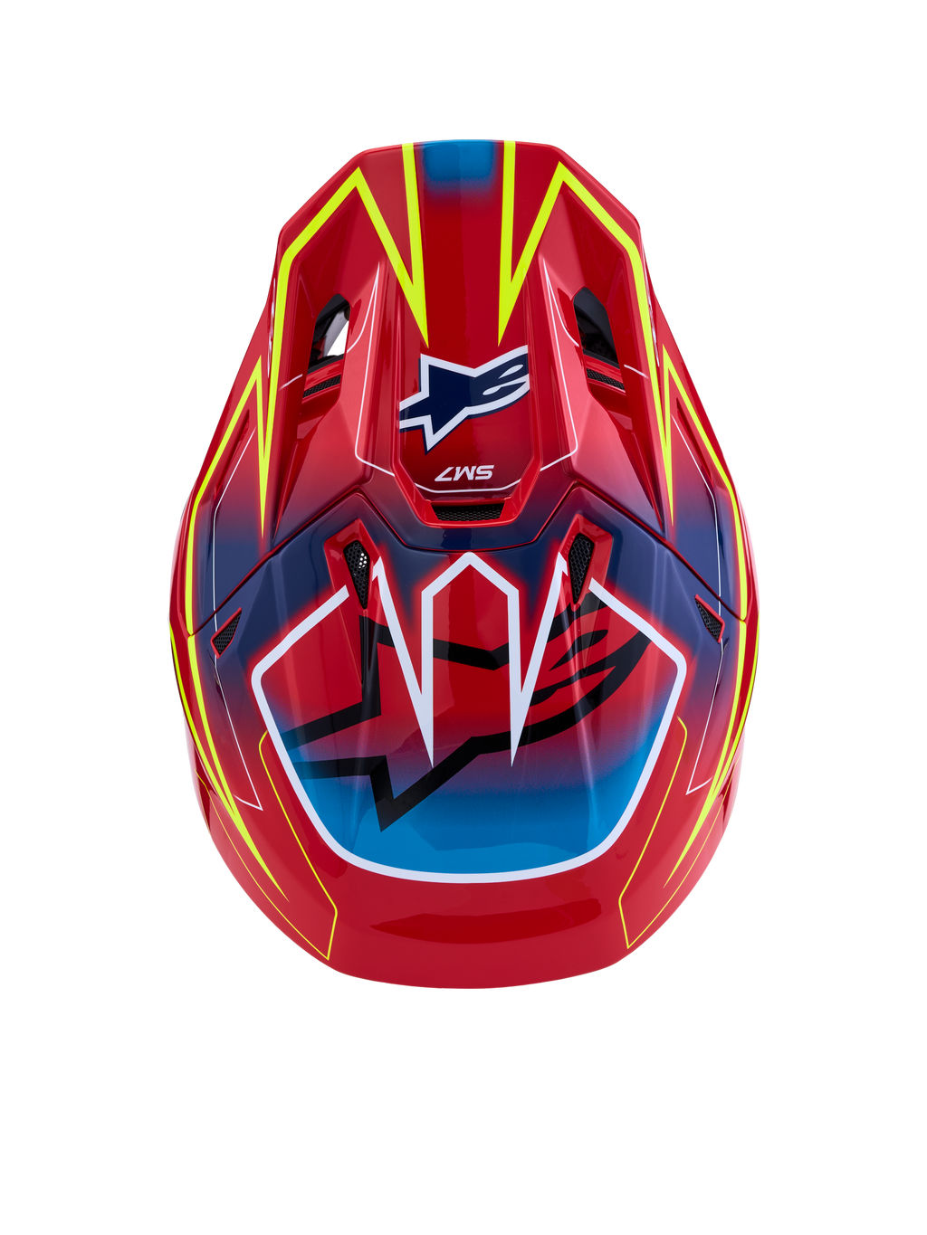 Alpinestars S-M7 Cast ECE06, capacete de motocross vermelho, amarelo fluo e azul, vista superior, certificado ECE 22.06