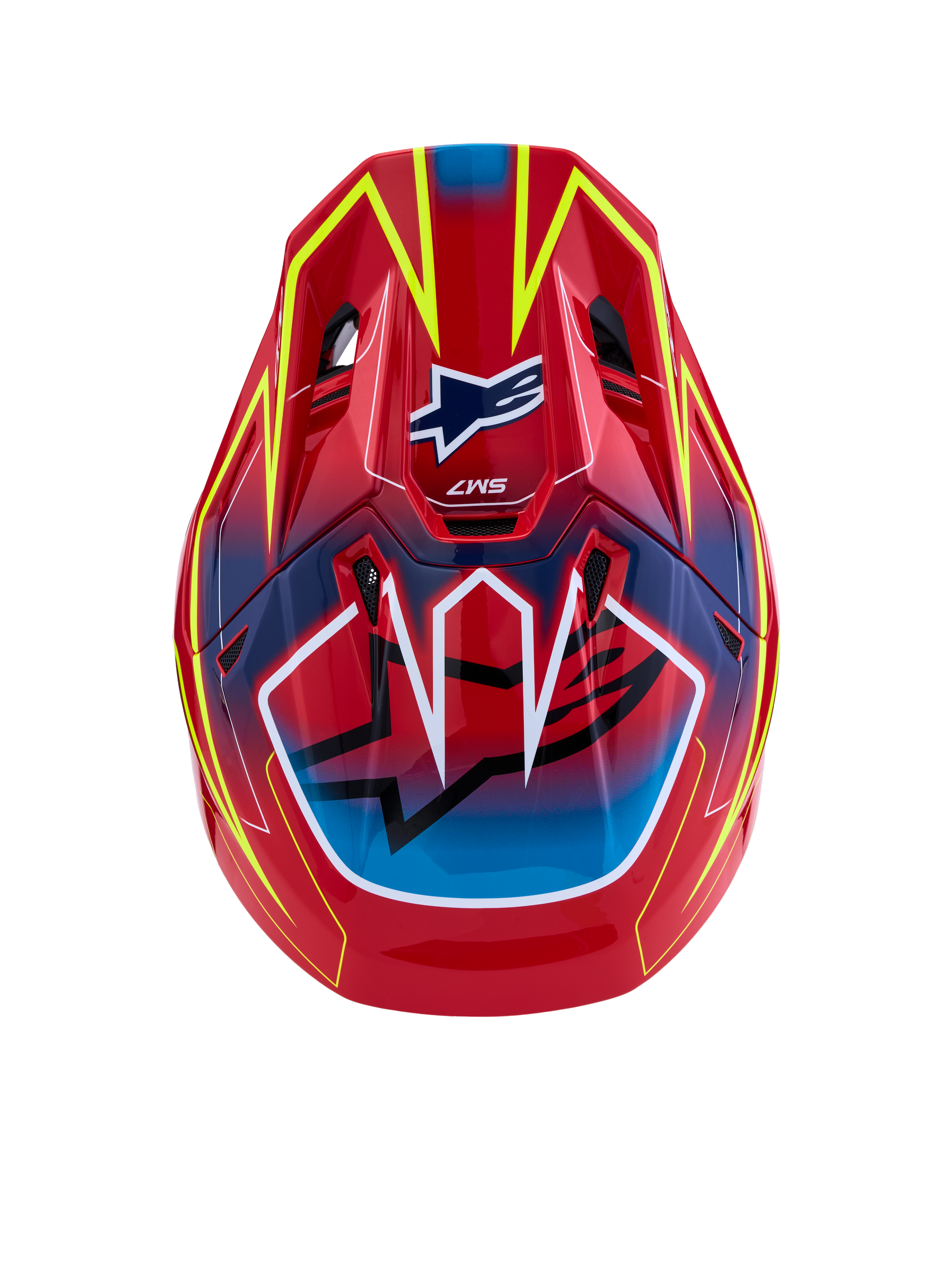 Alpinestars S-M7 Cast ECE06, capacete de motocross vermelho, amarelo fluo e azul, vista superior, certificado ECE 22.06